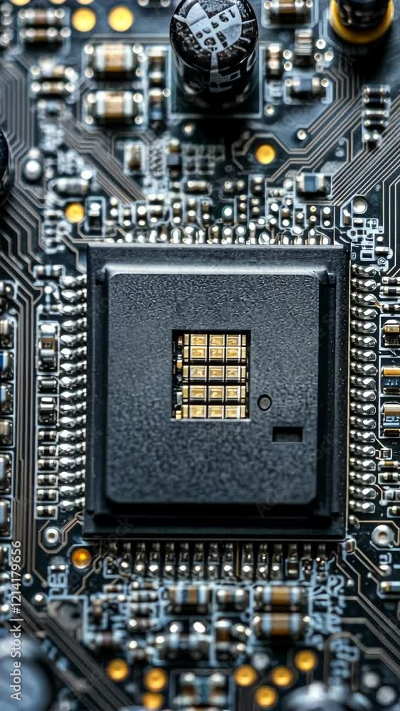 Poster close-up view of a computer microprocessor on a circuit board showcasing intricate electronic pathwa
