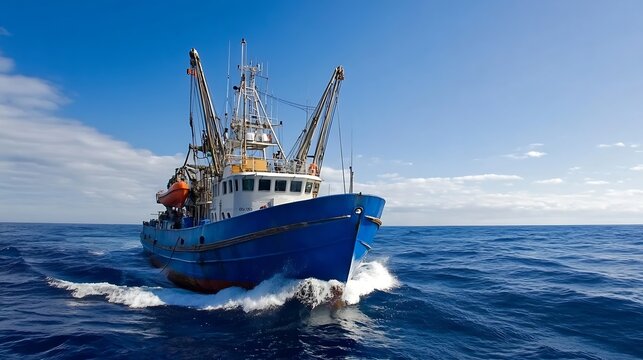 Blue and white commercial fishing boat navigating ocean with clear blue sky : Generative AI