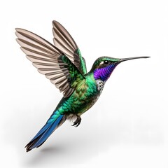Fototapeta premium Vibrant Hummingbird in Flight with Iridescent Plumage white bg