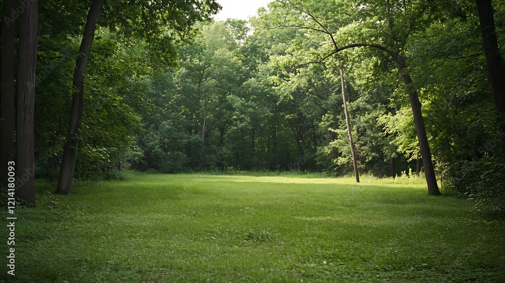 Poster Tranquil Green Forest Meadow with Sunlight Filtering Through Trees in Summer : Generative AI