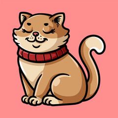 fun beauty sitting cat with scarf isolated colored drawing line art style sketch classic vintage design illustration