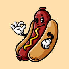 fun vintage hotdog cartoon colored character isolated drawing line art style sketch classic design illustration