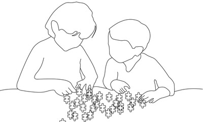 line art of little boy and girl playing puzzle. line continues illustration.