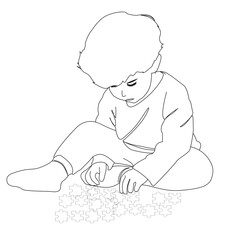 line art of little boy playing puzzle. line continues illustration.