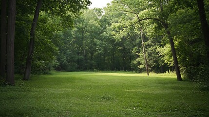 Obraz premium Tranquil Green Forest Meadow with Sunlight Filtering Through Trees in Summer : Generative AI