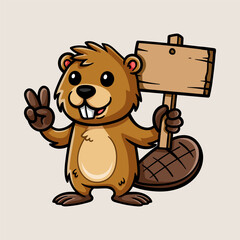 fun cute beaver hold wood sign cartoon colored isolated drawing line art style sketch classic vintage design illustration