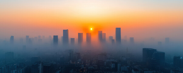 Fototapeta premium The PM 2.5 Pollution Crisis Themed, Aerial view of city skyline at sunrise with fog and silhouettes