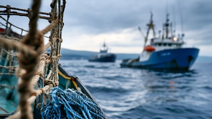 Obraz premium Fishing Boats Navigating Calm Blue Waters With Dramatic Overcast Sky In The Horizon : Generative AI