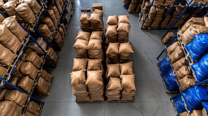 Storage area filled with brown and blue bags in a warehouse showcasing organized inventory management practices