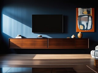 A modern, minimalist living room with a sleek wooden TV unit, dim ambient lighting, and a bold blue...