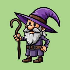 fun cute wizard hold wand colored cartoon character isolated drawing line art style sketch classic vintage design illustration