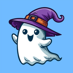 fun cute ghost wizard chi-bi colored cartoon character isolated drawing line art style sketch classic vintage design illustration