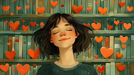 A librarian matches hearts through books in this whimsical flat design love illustration