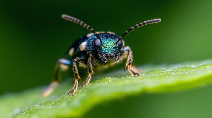 Fototapeta premium Vividly Detailed Closeup of Green and Black Beetle on Leaf Edge : Generative AI