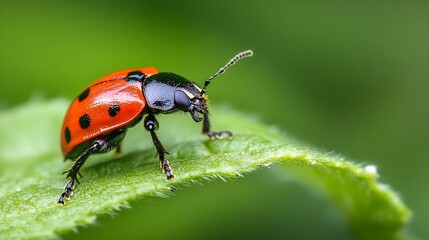 Closeup of Ladybug on Leaf Edge with Vivid Green Background and Red Shell : Generative AI