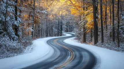 Obraz premium Curving winter road surrounded by trees in a snowy landscape at dusk