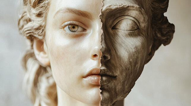 A striking half-human and half-sculpture face split with intricate details and realistic textures symbolizing art and humanity
