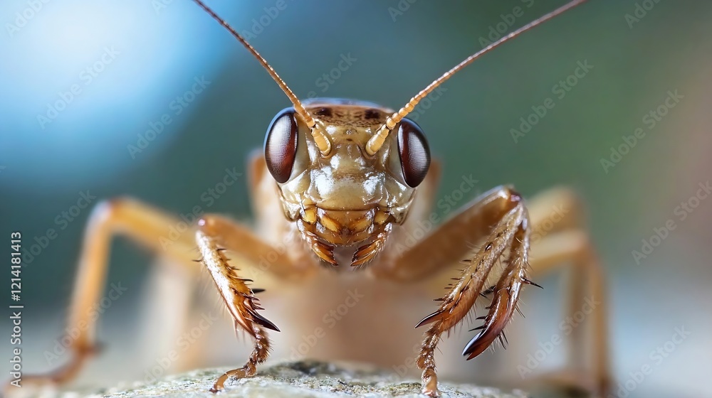 Poster Macro Photography Grasshopper with Detailed View of Antennae and Facial Structures : Generative AI