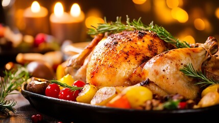 Golden Roast Chicken with Herbs and Vegetables for a Cozy Holiday Feast : Generative AI