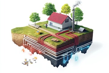 Geothermal energy home, pipes, infrastructure, rural setting, sustainable