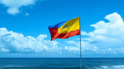 Chad National Flag Flying Over Ocean With Blue Sky and Clouds : Generative AI
