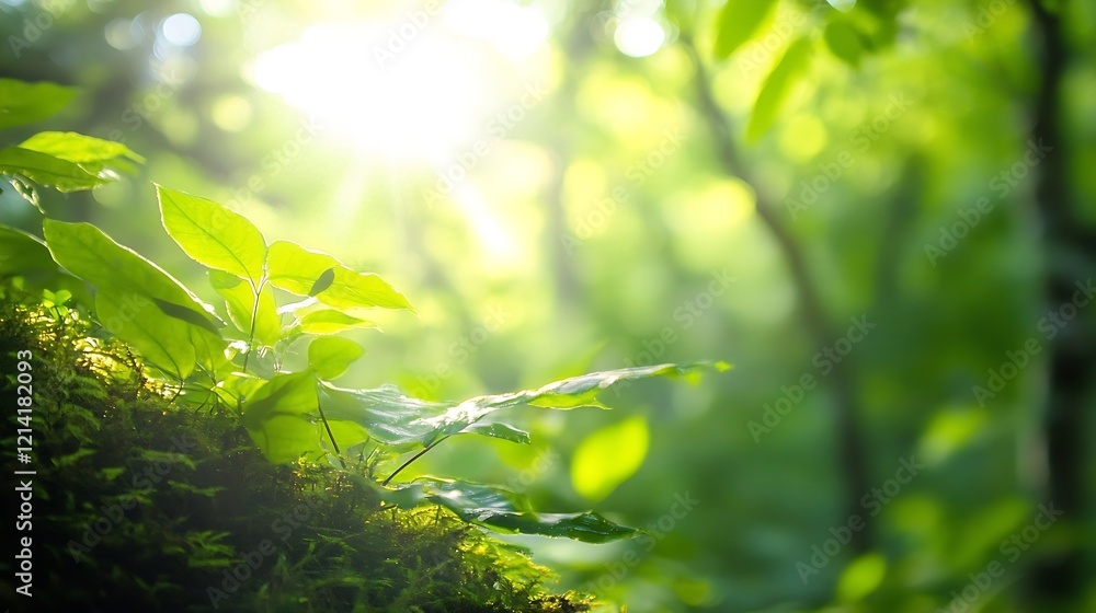 Aufkleber Sunlight Filtering Through Lush Green Foliage in Dense Forest Creating Bright Natural Atmosphere : Generative AI