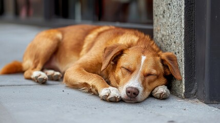 On a bustling city street, a lonely stray dog curls up against a wall, peacefully sleeping. Sunlight dances on its fur as the world rushes by, showing the contrast between tranquility and chaos