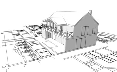 house architectural project sketch 3d illustration	
