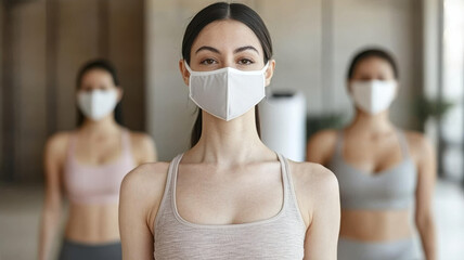 The PM 2.5 Pollution Crisis Themed, Indoor yoga class participants wearing masks, focused and calm