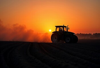 Obraz premium Sunset Farming: A Tractor Plows the Fields Under an Orange Sky. Generative AI