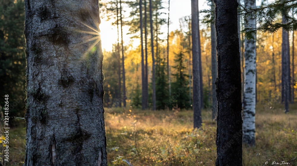 Poster scenic autumn forest at sunrise with sunlight filtering through trees : generative ai