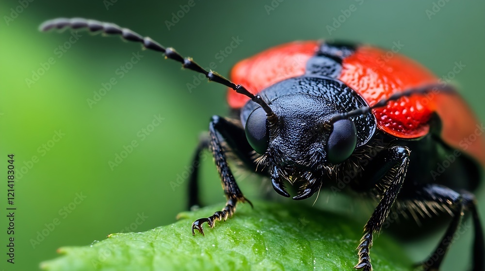 Poster bright red and black beetle in vibrant nature setting : generative ai