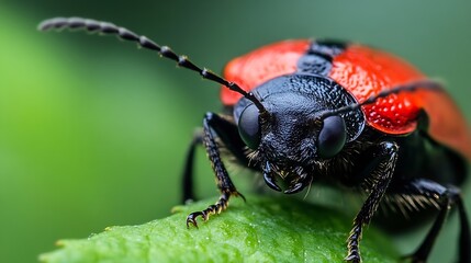 Fototapeta premium Bright Red and Black Beetle in Vibrant Nature Setting : Generative AI