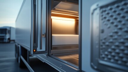 Refrigerated truck open at dusk, cargo area lit. Logistics, transport