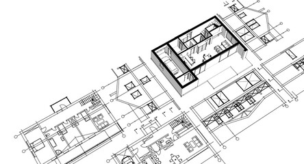 house architectural project sketch 3d illustration	
