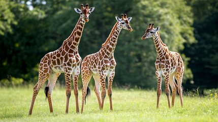 Three giraffes gracefully standing on lush green grass in a serene forest landscape : Generative AI