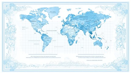 Watercolor world map, global geography, travel background, countries shown