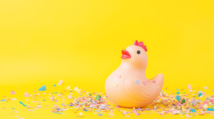 Bright spotlight on a rubber chicken surrounded by colorful confetti