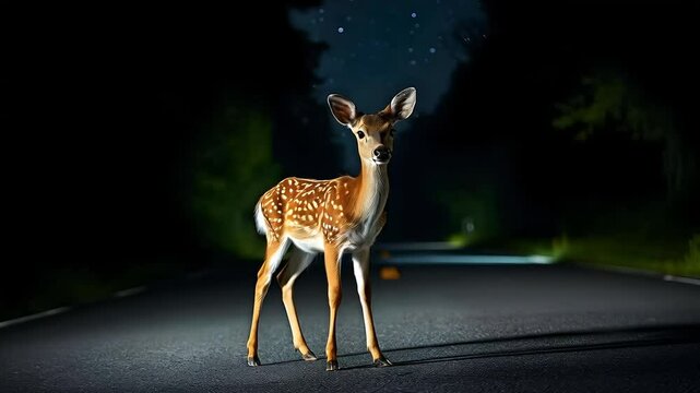 A deer standing in the road, headlights casting a glow on it