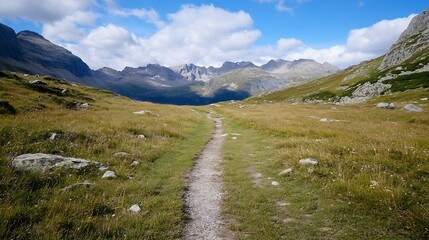 Mountainous Hiking Trail Through Vast Meadow Under Blue Skies Adventure Travel Destination : Generative AI