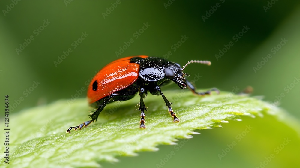 Poster closeup of red ladybug with black spots on green leaf in garden setting : generative ai