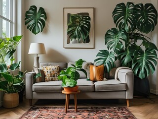 A cozy living room with a neutral-colored sofa, plush pillows, and an abundance of lush green plants, creating a warm, inviting, and nature-inspired atmosphere.
