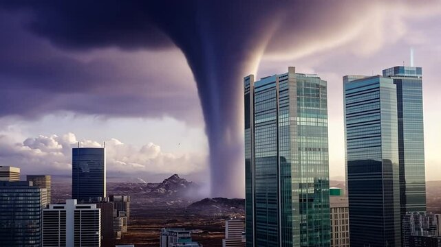 Tornado city destruction; ominous clouds