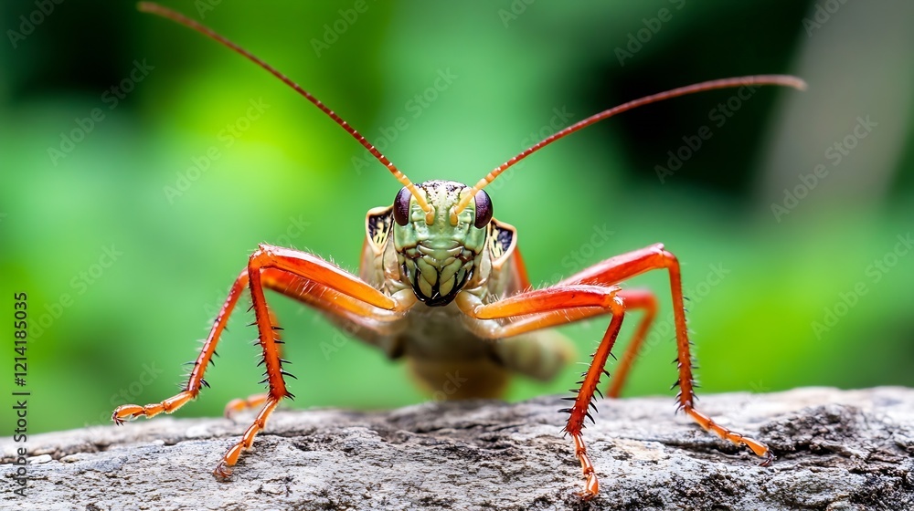 Poster Macro Image of Vibrant Orange Grasshopper Posed on Natural Surface : Generative AI