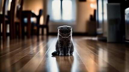 A gray cat sitting in the middle of a completely empty wooden floor