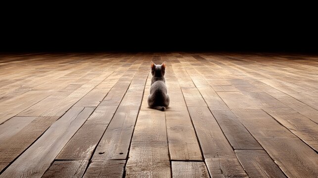 A gray cat sitting in the middle of a completely empty wooden floor