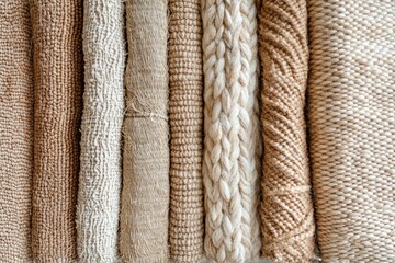 Rolled neutral rugs with varied textures are shown.