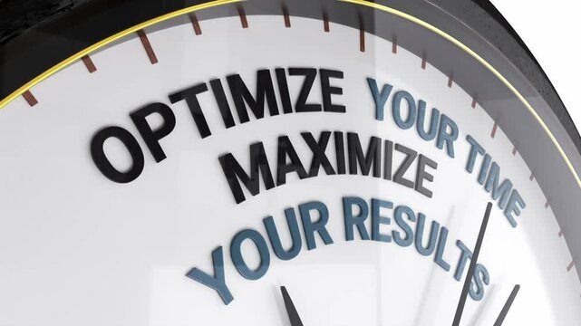 Optimize your time maximize your results. Text on the Clock. About time as a resource in the context of business efficiency 3d Animation