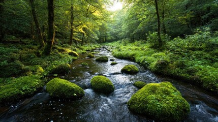 Obraz premium Sunlit stream flows through lush green forest, tranquil nature scene, ideal for relaxation