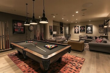 Luxury basement game room with pool table, lounge, and art